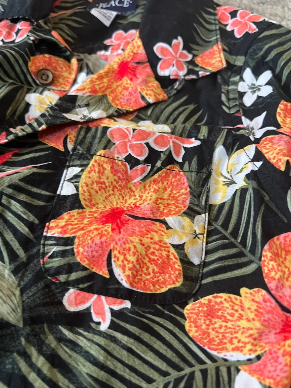 Boy's Black Tropical Floral Button-Up Shirt - Orange/Pink Flowers